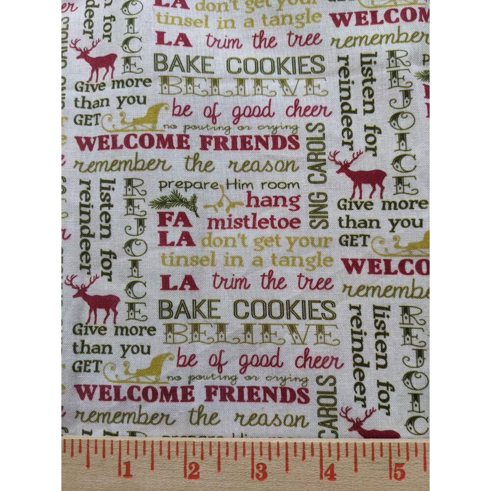 1 Yard Allover Christmas Text Fabric JoAnn Beige Cotton Reindeer Welcome Friends